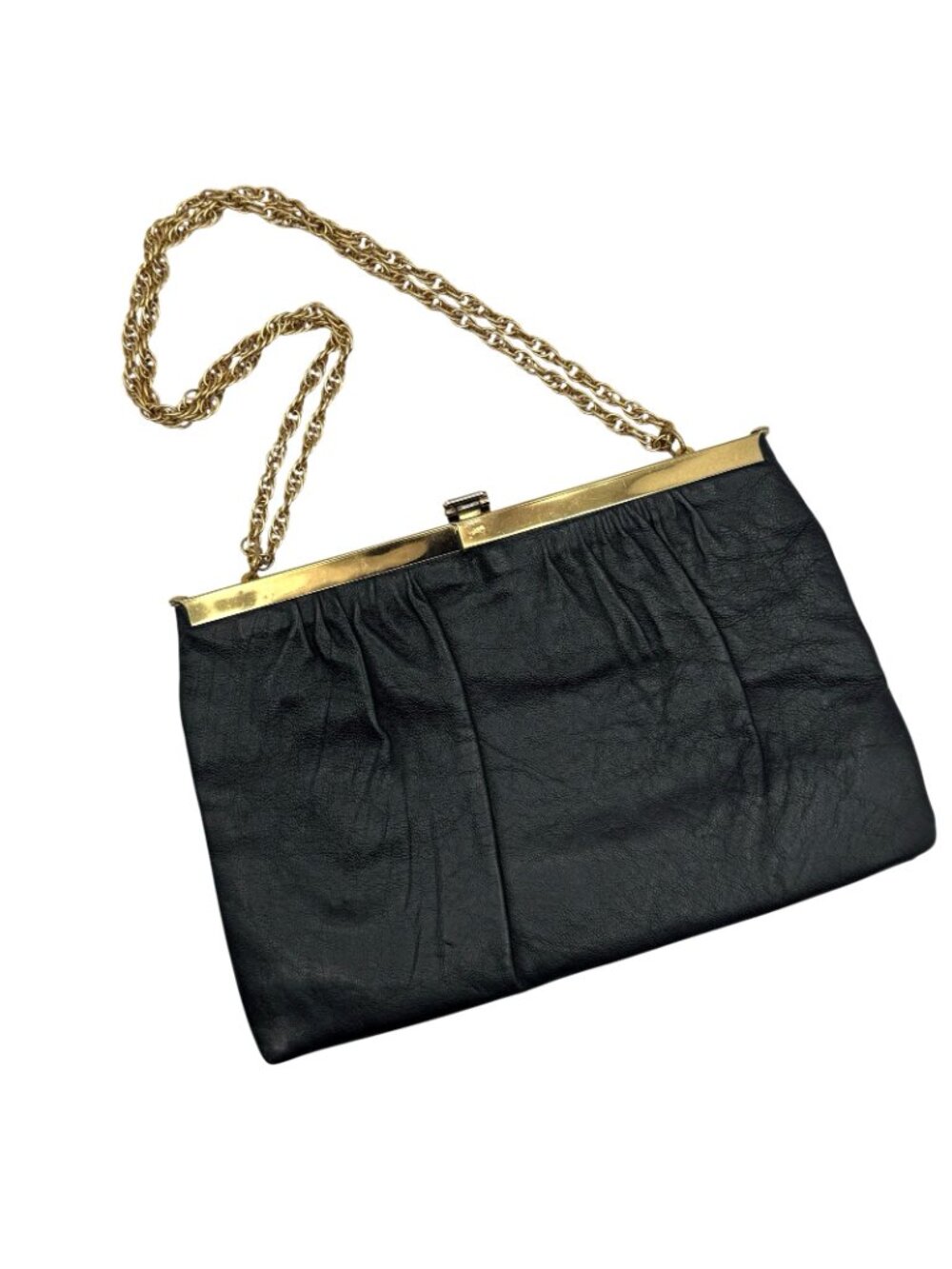 Vintage Mid Century Black Leather Frame Purse Gold Chain Strap Mad Men Style - Picture 4 of 16